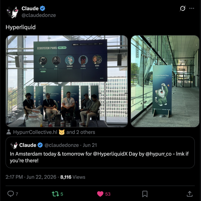 claudedonze posting about Hyperliquid Day in Amsterdam